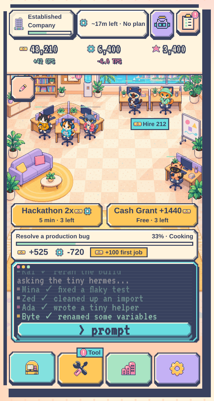 Home screen with six cat agents at their desks